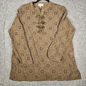 Jade By‎ Johnny Was Brown Green Vidya Eyelet Tassel Tunic Hippie Boho Size L